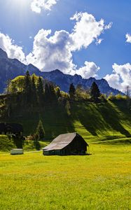 Preview wallpaper house, field, trees, mountains, clouds, landscape