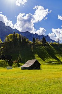 Preview wallpaper house, field, trees, mountains, clouds, landscape
