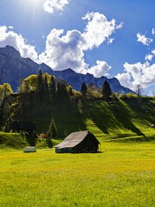 Preview wallpaper house, field, trees, mountains, clouds, landscape