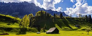 Preview wallpaper house, field, trees, mountains, clouds, landscape
