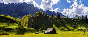 Preview wallpaper house, field, trees, mountains, clouds, landscape