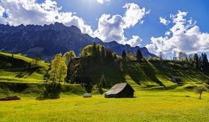 Preview wallpaper house, field, trees, mountains, clouds, landscape