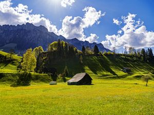 Preview wallpaper house, field, trees, mountains, clouds, landscape