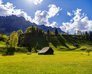 Preview wallpaper house, field, trees, mountains, clouds, landscape