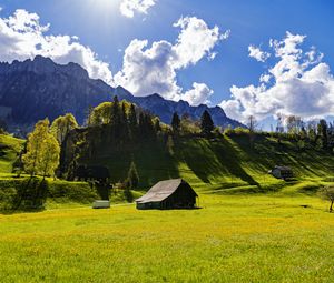 Preview wallpaper house, field, trees, mountains, clouds, landscape