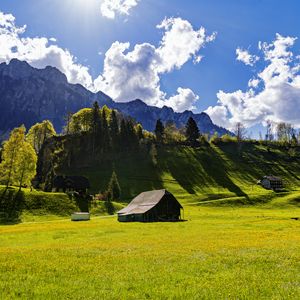 Preview wallpaper house, field, trees, mountains, clouds, landscape