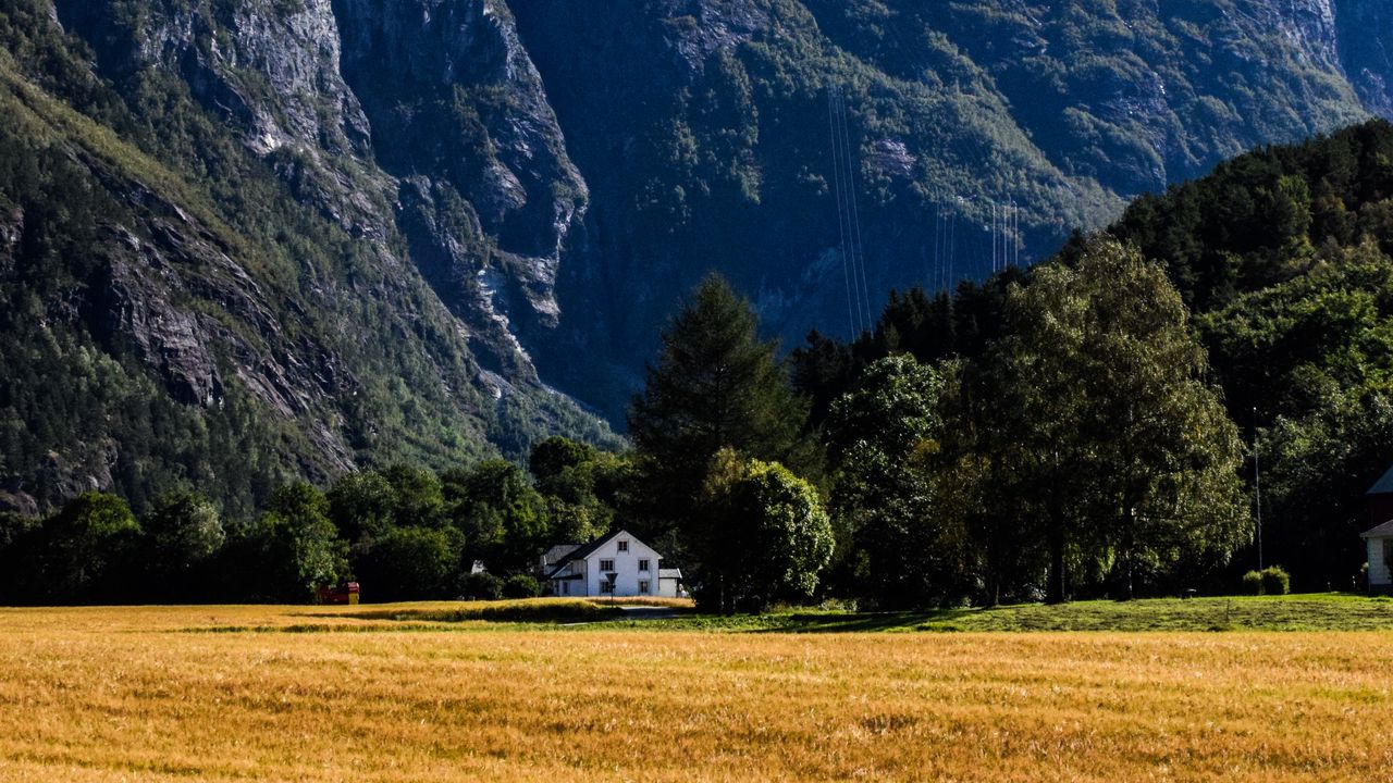 Wallpaper house, field, trees, mountains