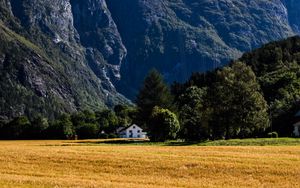 Preview wallpaper house, field, trees, mountains