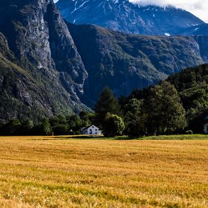 Preview wallpaper house, field, trees, mountains