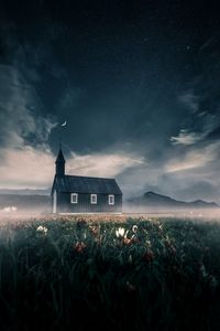Preview wallpaper house, flowers, fog, moon, stars