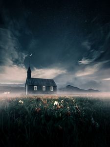 Preview wallpaper house, flowers, fog, moon, stars