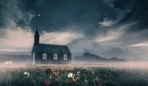Preview wallpaper house, flowers, fog, moon, stars