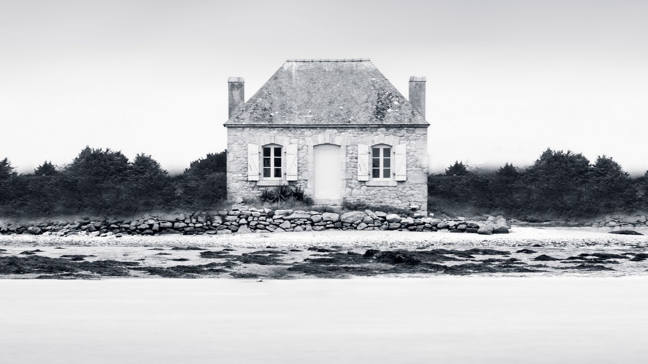 Wallpaper house, fog, coast, france, bw, monochrome