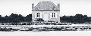 Preview wallpaper house, fog, coast, france, bw, monochrome