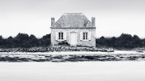 Preview wallpaper house, fog, coast, france, bw, monochrome