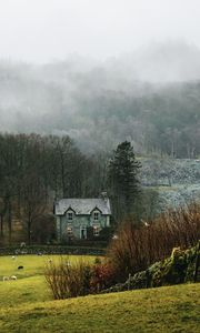 Preview wallpaper house, fog, grass, landscape, village