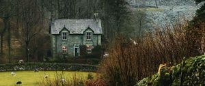 Preview wallpaper house, fog, grass, landscape, village