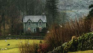 Preview wallpaper house, fog, grass, landscape, village