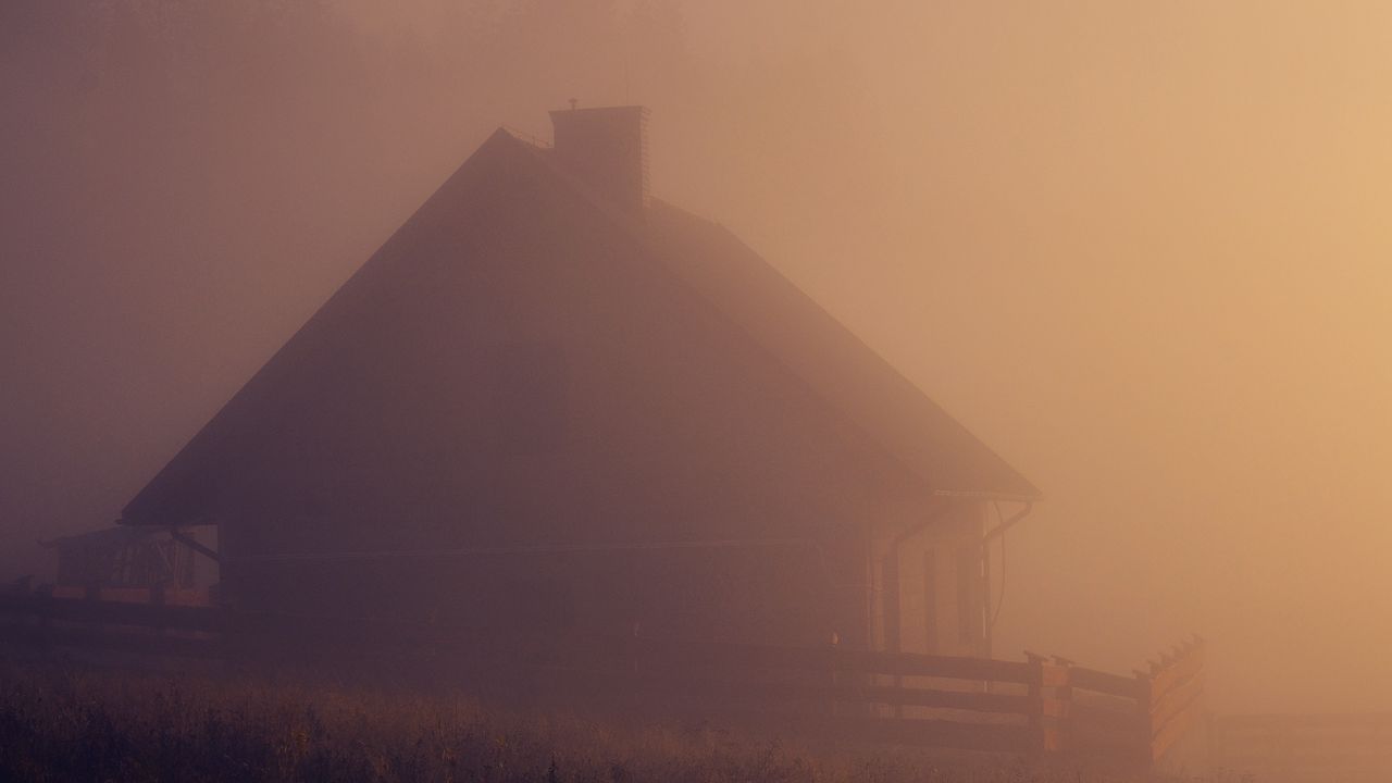 Wallpaper house, fog, grass, nature, dark