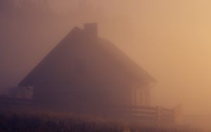 Preview wallpaper house, fog, grass, nature, dark