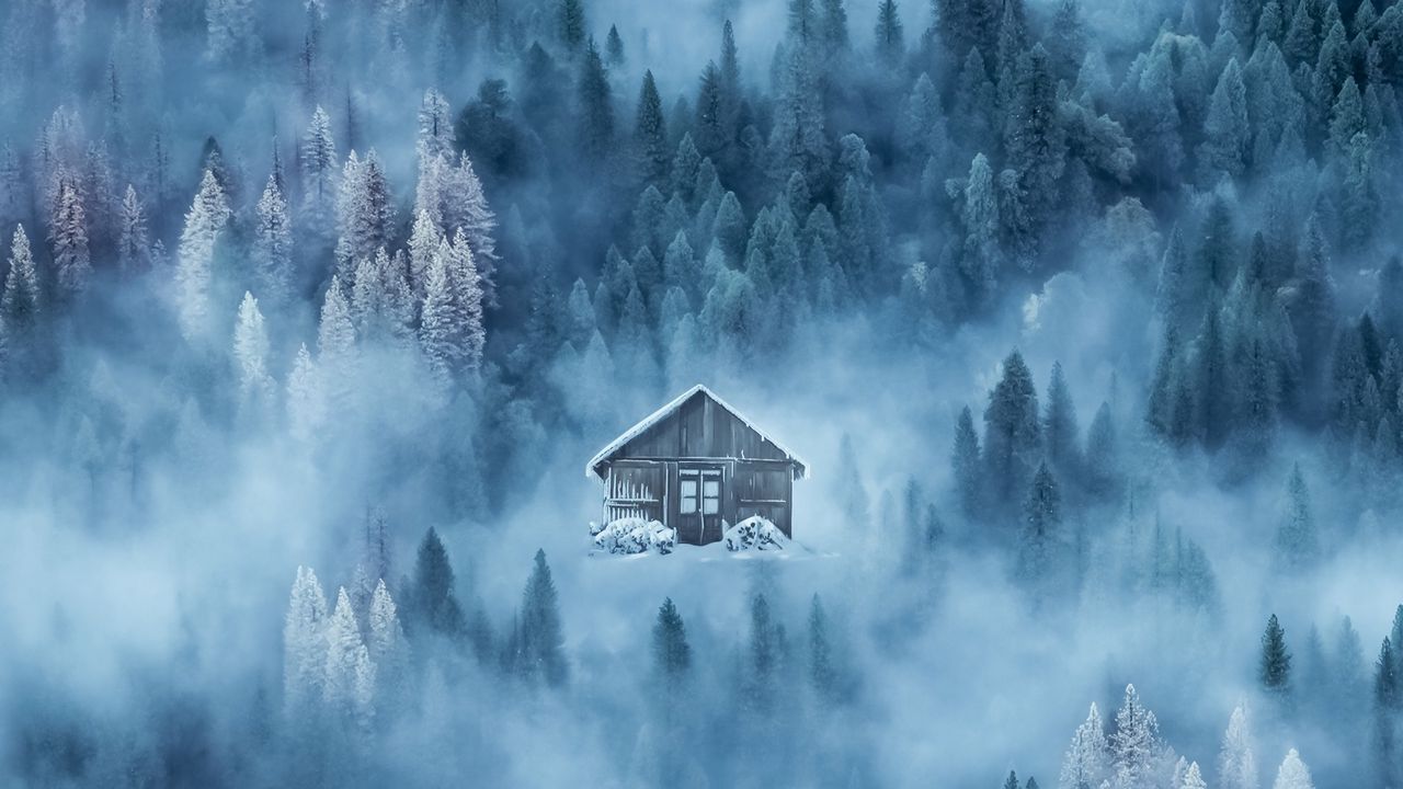 Wallpaper house, fog, snow, winter, forest