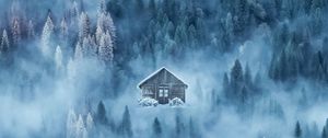 Preview wallpaper house, fog, snow, winter, forest