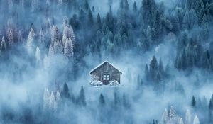 Preview wallpaper house, fog, snow, winter, forest