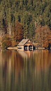 Preview wallpaper house, forest, lake, reflection, autumn, landscape