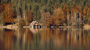 Preview wallpaper house, forest, lake, reflection, autumn, landscape