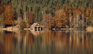 Preview wallpaper house, forest, lake, reflection, autumn, landscape
