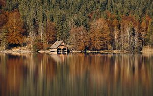 Preview wallpaper house, forest, lake, reflection, autumn, landscape