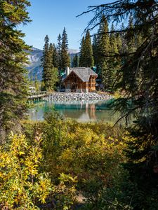 Preview wallpaper house, forest, lake, mountains, nature, comfort