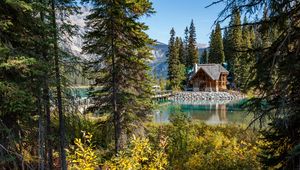 Preview wallpaper house, forest, lake, mountains, nature, comfort