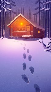 Preview wallpaper house, forest, snow, footprints, art