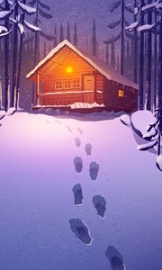 Preview wallpaper house, forest, snow, footprints, art