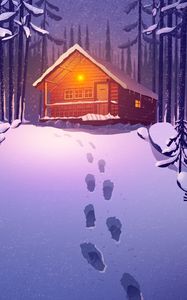 Preview wallpaper house, forest, snow, footprints, art