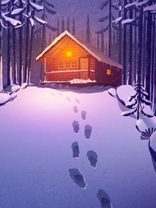 Preview wallpaper house, forest, snow, footprints, art