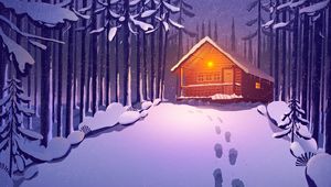 Preview wallpaper house, forest, snow, footprints, art