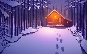 Preview wallpaper house, forest, snow, footprints, art