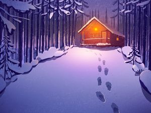 Preview wallpaper house, forest, snow, footprints, art