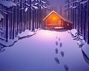 Preview wallpaper house, forest, snow, footprints, art