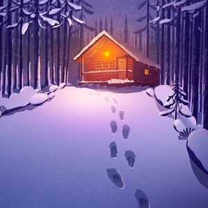 Preview wallpaper house, forest, snow, footprints, art