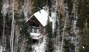 Preview wallpaper house, forest, snow, aerial view, solitude