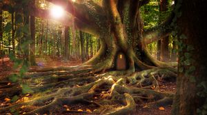 Preview wallpaper house, forest, tree, roots, fantasy