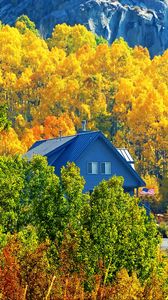 Preview wallpaper house, forest, trees, autumn, landscape, mountains