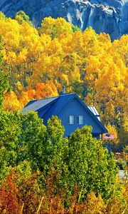 Preview wallpaper house, forest, trees, autumn, landscape, mountains