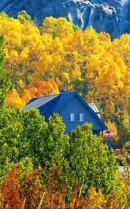 Preview wallpaper house, forest, trees, autumn, landscape, mountains