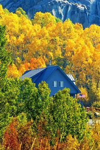 Preview wallpaper house, forest, trees, autumn, landscape, mountains