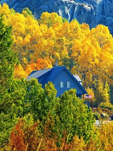 Preview wallpaper house, forest, trees, autumn, landscape, mountains