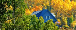 Preview wallpaper house, forest, trees, autumn, landscape, mountains